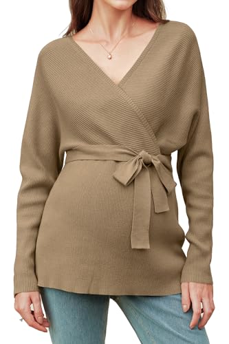 OUGES Womens Soft Cotton Blend Maternity Sweater Wrap V Neck Long Sleeve V Back Fall Shirts Pregnancy Outfits with Belt - color: Coffee, size: XX-Large