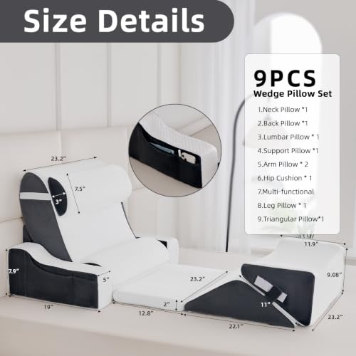 Wedge Pillow Set for After Surgery,White/Dark Grey,9PCS-23.2" - color: White/Dark Grey, size: 9PCS-23.2''