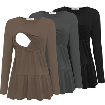 Bearsland Long Sleeve Nursing Top - color: Black & Iron Gray & Tea Brown, size: Small