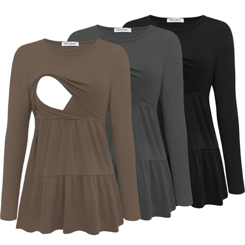 Bearsland Long Sleeve Nursing Top - color: Black & Iron Gray & Tea Brown, size: Large