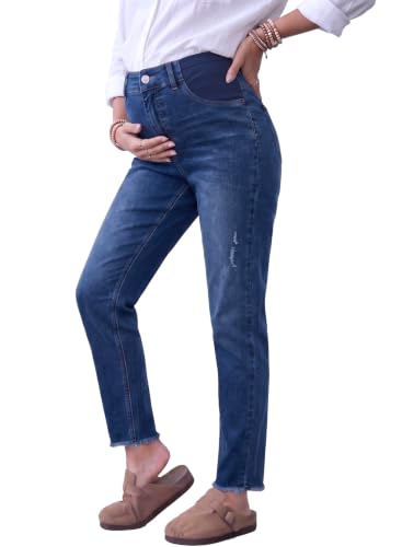 BLENCOT Womens Maternity Jeans High Waisted Pregnancy Denim Pants - color: Navy Blue, size: Medium