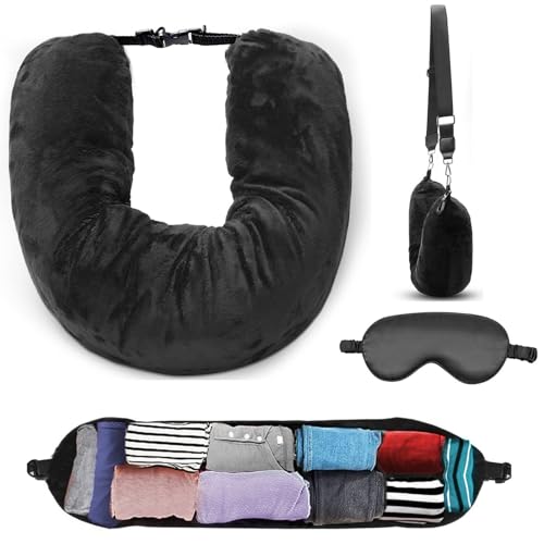 Stuffable Travel Neck Pillow Cover with Eye Mask, No Filler, Black