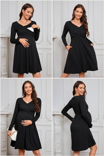 OUGES Women's Nursing Breastfeeding Pocket Fall Baby Shower Maternity Dress - color: Black, size: XX-Large