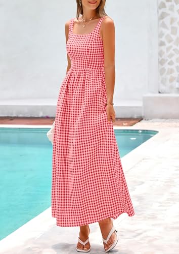 PRETTYGARDEN Women's Summer Gingham Maxi Long Dress - color: Brilliant Red, size: Large
