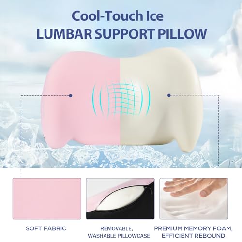 Cooling Lumbar Support Pillow for Office Chair,Memory Foam Car Back Cushion - color: Pink Cooling