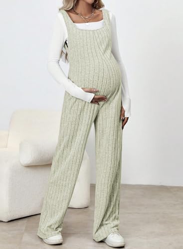 BLENCOT Maternity Jumpsuit Sleeveless Square Neck Wide Leg Pants Romper - color: Light Green, size: Medium