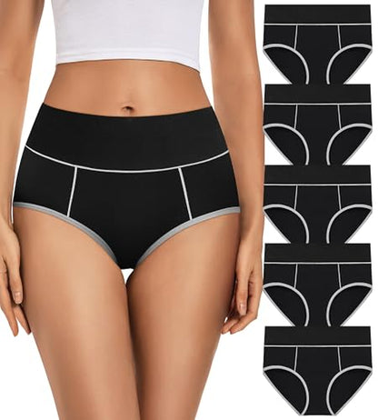 Womens Cotton Mid High Waisted Underwear Comfort Panties 5 Pack Briefs - color: Black-01-5 Pack-c, size: Medium