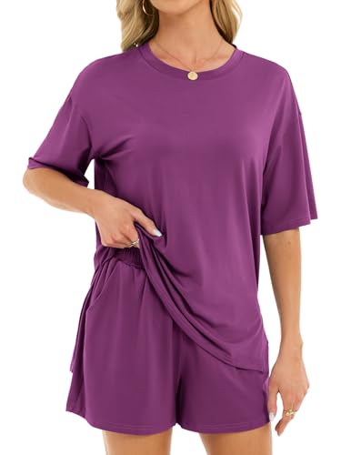 Women's 2 Piece Short Sets Loose Lounge Sets Summer Matching Sets - color: Purple, size: XX-Large
