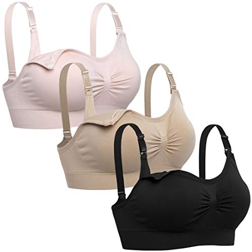 Womens Seamless Nursing Bra Sleeping Maternity Bralette for Breastfeeding Pack of 3 - color: Black Beige Pink, size: Large