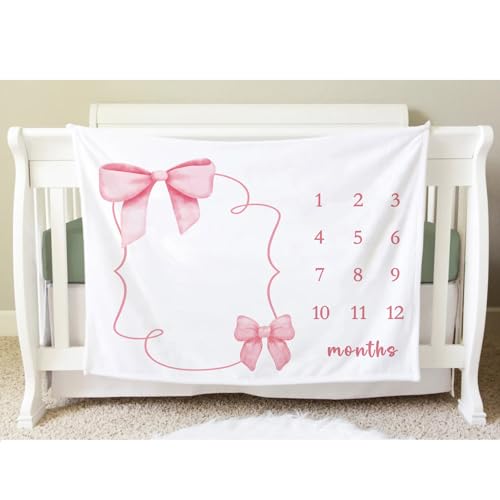 Pink Bow Milestone Blanket, Girl Bowknot Baby Growth Chart Monthly Blanket - color: Bow