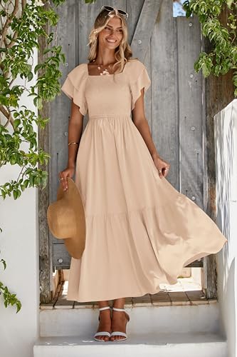 MASCOMODA Womens Summer Casual Smocked Flowy Midi Dress - color: Apricot, size: X-Large