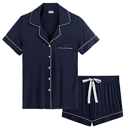 Cherrydew Women's Bamboo Viscose Cooling Button Up Pajama Shorts Set - color: Navy, size: X-Large