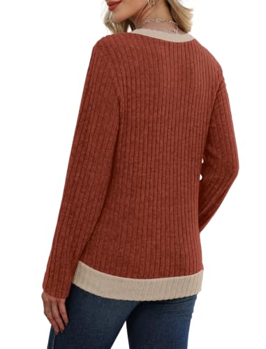 Sampeel V Neck Long Sleeve Shirts Button Side Sweaters Color Block Tops - color: Caramel, size: Large