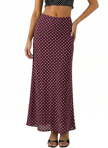 BLENCOT Womens High Waisted Long Mesh Polka Dot Maxi Skirt - color: Dot Burgundy, size: Small