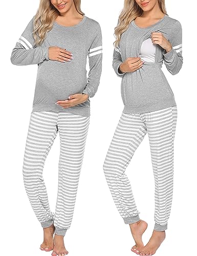 Maternity Pajamas Set Nursing Breastfeeding Postpartum Pregnancy Pjs - color: Light Grey, size: Large