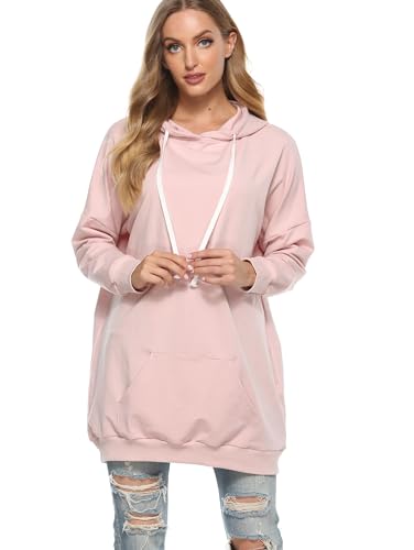 Famulily Womens Oversized Hoodie Extra Long Hooded Tunic Sweatshirt with Pockets - color: Pink, size: Medium
