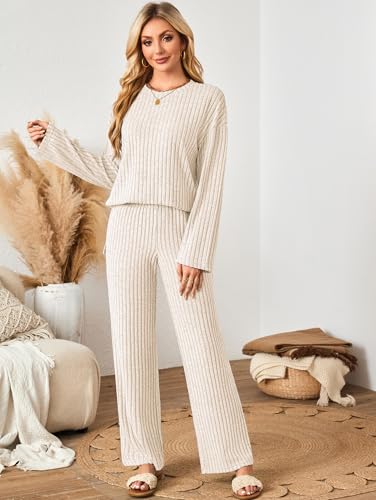 Kikibell Womens Sets 2 Piece Outfits Matching Lounge Set Cozy Knit Pajamas - color: Apricot, size: Medium