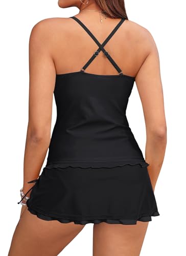 Women Tankini Swimsuits with Skirt Two Piece Tummy Control Bathing Suit - color: Black, size: Medium
