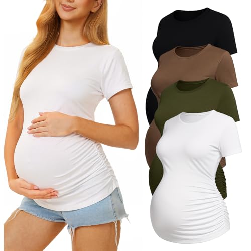 4 Pack Womens Maternity Shirts, Crew Neck Maternity Top Short Sleeve - color: Black/White/Brown/Army Green, size: X-Large