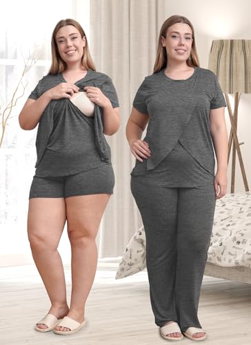 Rnxrbb 3 Piece Postpartum Nursing Pajamas Set Maternity Breastfeeding Pjs - color: Deep Gray, size: Large