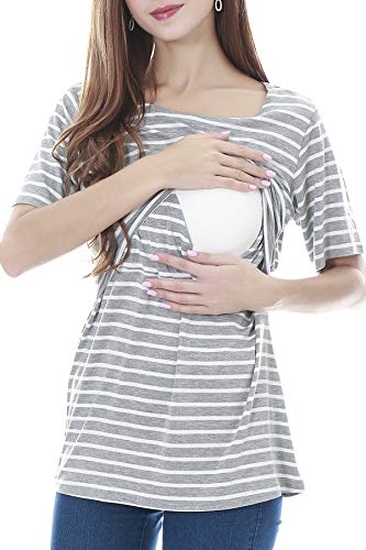 Smallshow Women's Maternity Nursing Tops Short Sleeve Breastfeeding Clothes - color: Grey Stripe/Dim Grey/Black(3 Pack), size: X-Large