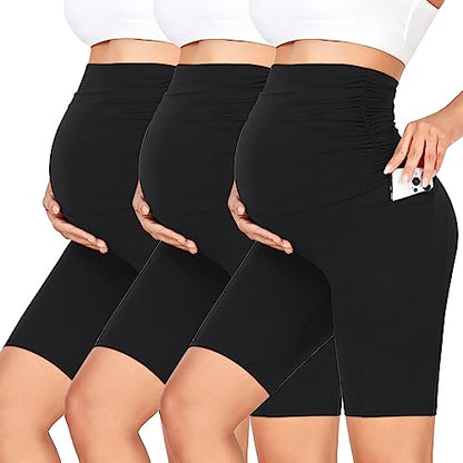 GROTEEN 3 Pack Women's Maternity Shorts with Pockets Over the Belly - color: Black/Black/Black, size: Small