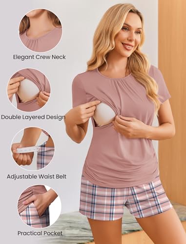 Ekouaer Maternity Nursing Pajamas Set 3 Piece Postpartum Breastfeeding Pjs - color: Pink Plaid, size: X-Large