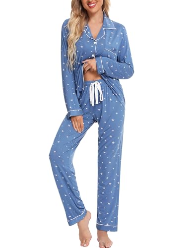 Leikar Button Up Pajamas For Women Long Sleeve Viscose Soft Pjs Lounge - color: Blue White Stare, size: Large