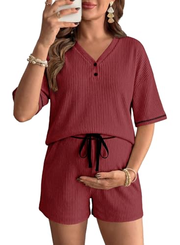 BLENCOT Maternity Pajamas Nursing Set Shorts Pregnancy Pj Sets - color: Red Dahlia, size: X-Large