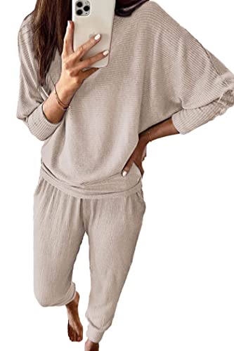 PRETTYGARDEN Women's 2 Piece Fall Outfits Matching Ribbed Knit Lounge Sets - color: Apricot, size: Small