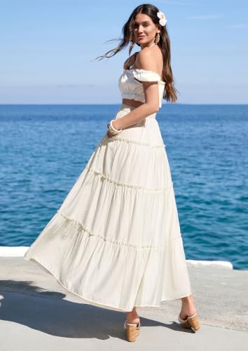 PRETTYGARDEN Women's Boho Tiered Ruffle Flowy Maxi Skirt - color: Beige, size: Small