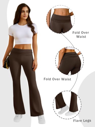 COPYLEAF Flare Leggings for Women Fold Over Stretch Bell Bottom Yoga Pants - color: Brown, size: Medium