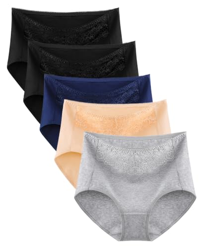 MISSWHO Women's High Waisted Cotton Underwear Soft Breathable Full Coverage Stretch Briefs Ladies Panties 5-Pack - color: Black*2, Nude, Grey, Navy, -5 Pack, size: X-Large