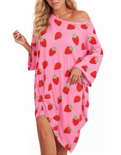 CRIPOM Plus Size Moo Moos for Women Oversized Sleep Shirts with Pockets - color: Pink Strawberry