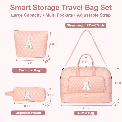 Graduation Gift for Her, Quilted Initial Travel Bag with Shoe Compartment - color: Pink Diamond Quilted, style: J