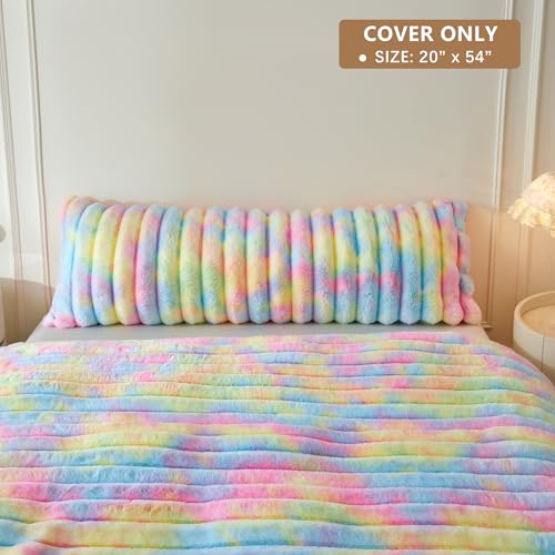MEGO Fluffy Faux Rabbit Fur Ribbed Body Pillow Cover 20x54, Rainbow - color: Rainbow