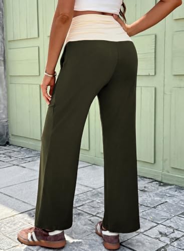 BLENCOT Women's Maternity Pants Wide Leg Over The Belly Pregnancy Pants - color: Moss Green, size: Medium