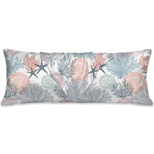 Coastal Pillow Covers Body Cooling Pillow Cases,Sea Shells and Coral Body Pillow Cover Satin Pillowcase for Hair and Skin,Soft Long Pillow Cover with Zipper Closure 20x54 Inches - color: Sea Shells and Coral
