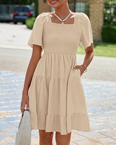 BTFBM Women's Summer Smocked Mini Dress 2026 - color: Khaki, size: X-Large