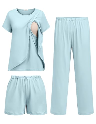 Ekouaer 3 PCS Maternity Nursing Pajamas Set Postpartum Breastfeeding PJS - color: Light Blue, size: Medium
