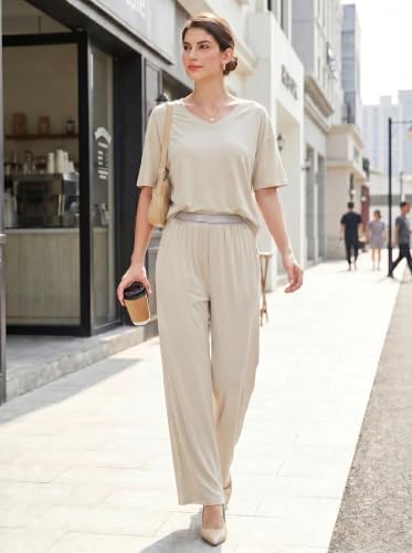 OUGES Women's Pajama Sets Lyocell Cotton Lounge Set Short Sleeve Soft Loungewear Casual Summer Travel 2 Piece Outfits - color: Beige Grey, size: X-Large