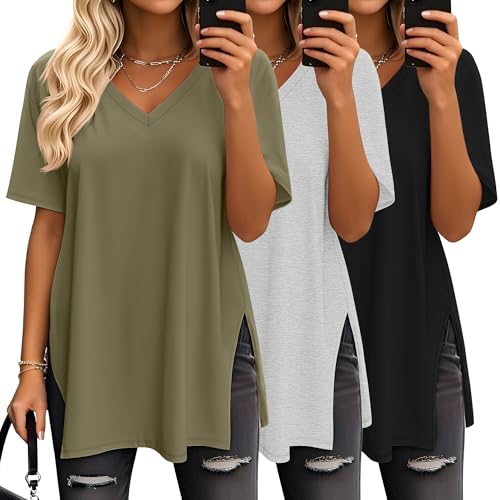 Huukeay 3 Pack Oversized Shirts for Women V Neck - color: Black, Army Green, Light Grey, size: Small