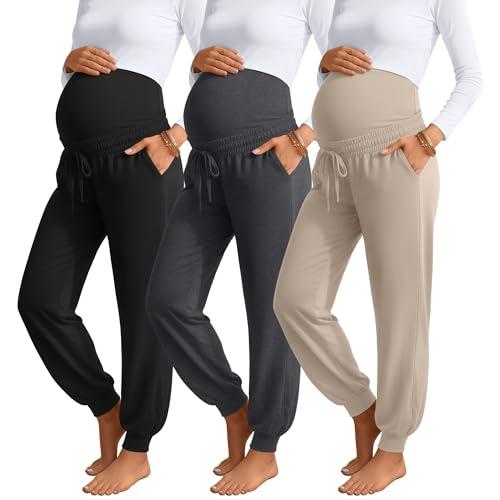 3 Pack Womens Maternity Pants Loose Pregnancy Joggers - color: Apricot, Dark Heather Gray, Black, size: Small