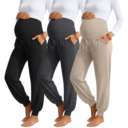 3 Pack Womens Maternity Pants Loose Pregnancy Joggers - color: Apricot, Dark Heather Gray, Black, size: Medium