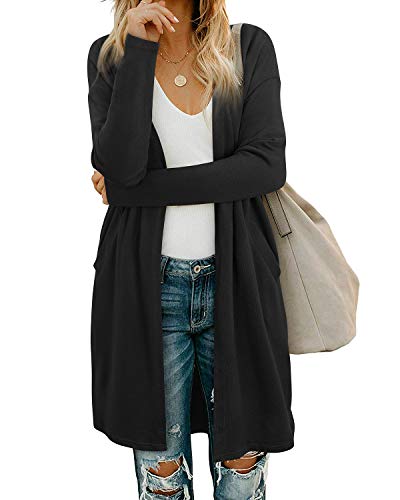 OUGES Women's Open Front Cardigan Shirt with Pockets Long Sleeve Lightweight Coat - color: Black, size: XX-Large
