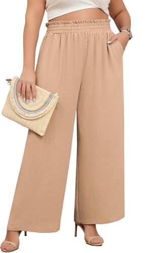 Lastshe Women's Plus Size Wide Leg Pants Elastic High Waist Hide Drawstring Loose Work Pants Palazzo Trousers with Pockets - color: Khaki, size: 5X