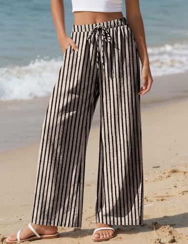 TARSE Women's Linen Wide Leg Pants with Pockets - color: Stripe Black Beige, size: Medium