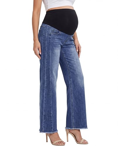 Maternity Jeans Wide Leg Baggy Denim Pants - color: Deep Dark Blue, size: Large