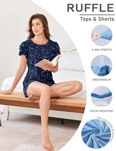 Ekouaer Womens Pajama Sets 2 Piece Ruffle Sleeves Top and Shorts Pjs - color: Navy Blue Star, size: Medium