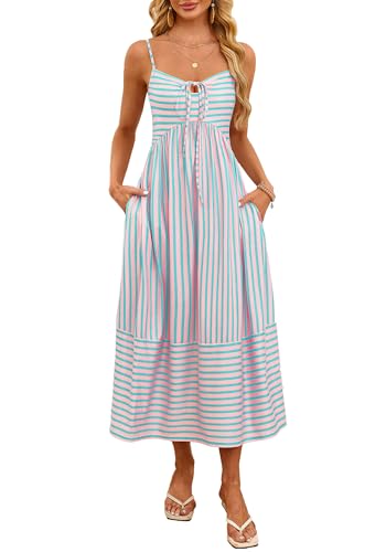 Fashionme 2026 Women Summer Boho Maxi Dresses Vacation Beach with Pockets - color: Blue Pink, size: X-Large
